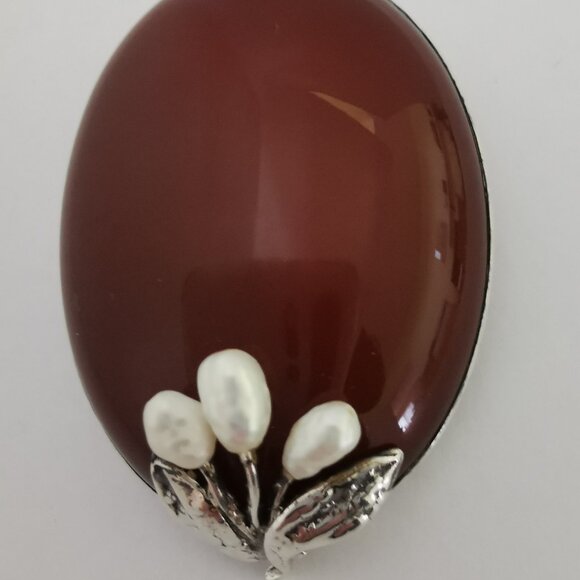 Antique Sterling Silver Signed Carnelian with Pearls Brooch - Picture 11 of 14
